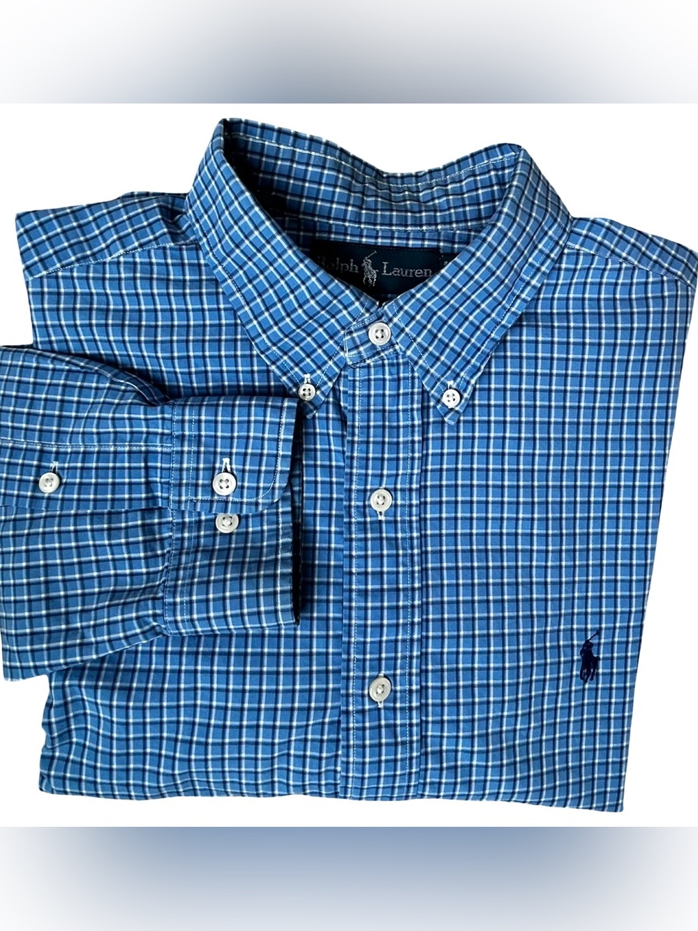 Ralph Lauren Blue White Plaid Button-Down Shirt 16 1/2